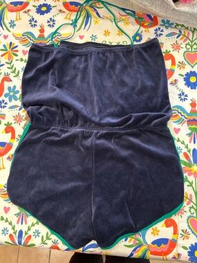 American Apparel Navy Velvet Strapless Romper with Green Trim and straps